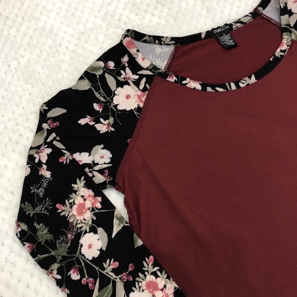 RUE 21 Wine Shirt with Black Floral Sleeves